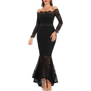 Women's Floral Lace Long Sleeve Off Shoulder Wedding Mermaid Dress Black